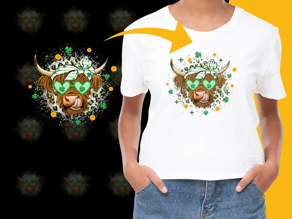 St. Patrick's Day T-Shirt, Lucky Clover Highland Cow Graphic Tee, Unisex White Casual Shirt