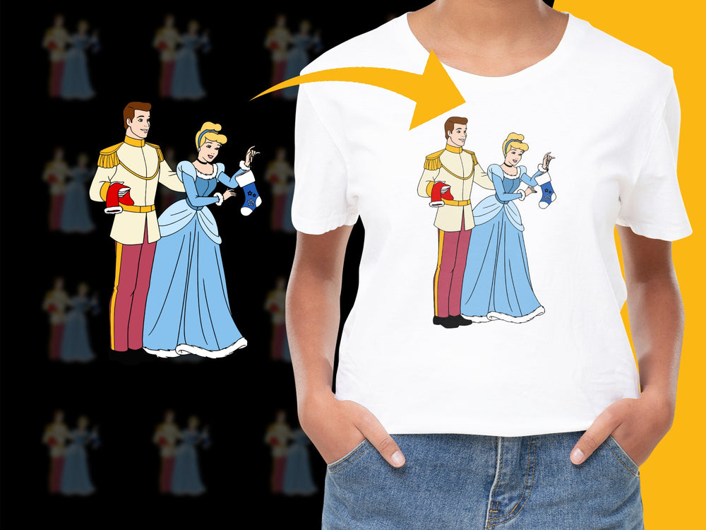 Cinderella and Prince Charming Graphic T-Shirt, Fairy Tale Couple, Cartoon Style, Cotton Tee for Adults and Kids
