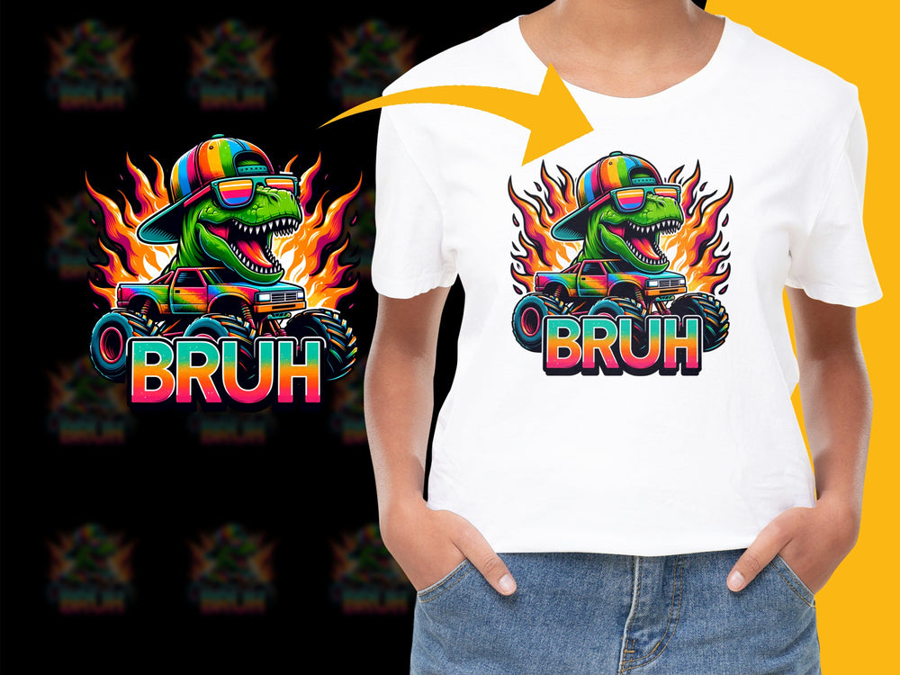 Colorful Bruh Dinosaur Monster Truck Graphic T-Shirt, Fun Kids Cool Cartoon Tee, Vibrant Youth Shirt