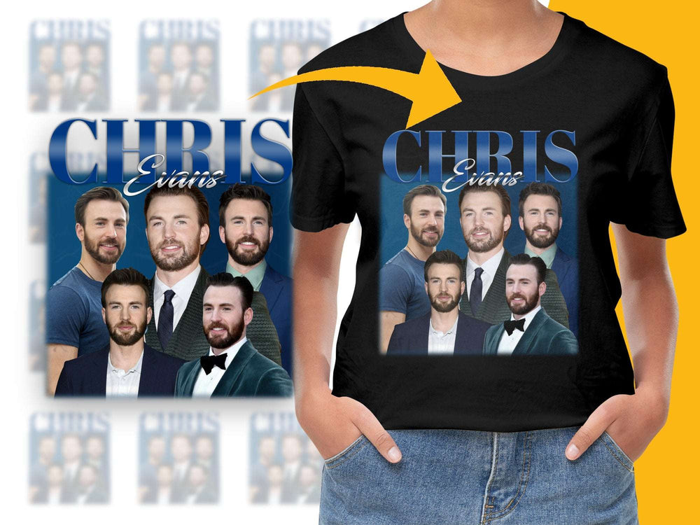 Chris Evans Graphic T-Shirt, Celebrity Photo Collage, Fan Apparel, Unisex Black Tee