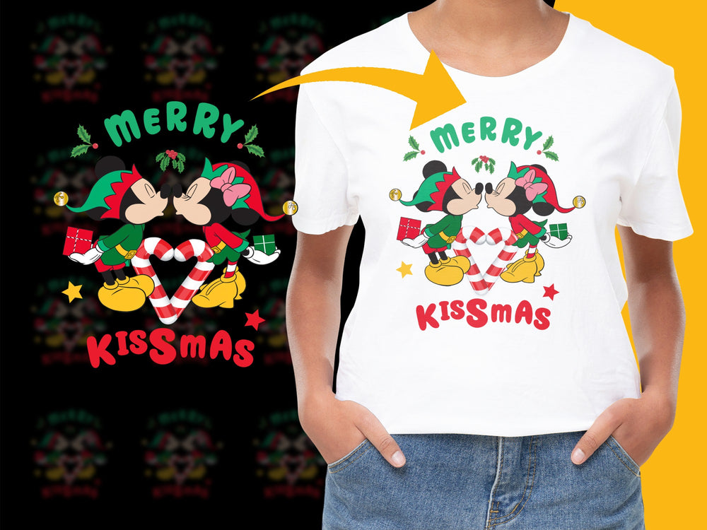 Festive Mickey Minnie Mouse Christmas T-Shirt, Merry Kissmas Holiday Tee, Cute Couple Cartoon Apparel, Kids and Adult Sizes Available