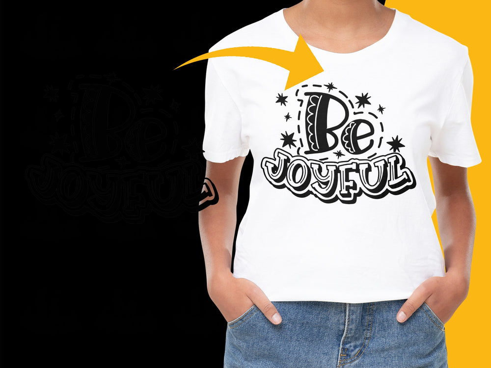 Women's Inspirational T-Shirt 'Be Joyful' Motivational Quote Tee, Black and White Graphic Shirt