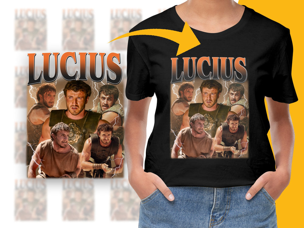Lucius Retro Movie T-Shirt, Vintage Film Collage, Classic Cinema Fan Gift, Unique Graphic Tee, Unisex Shirt Design