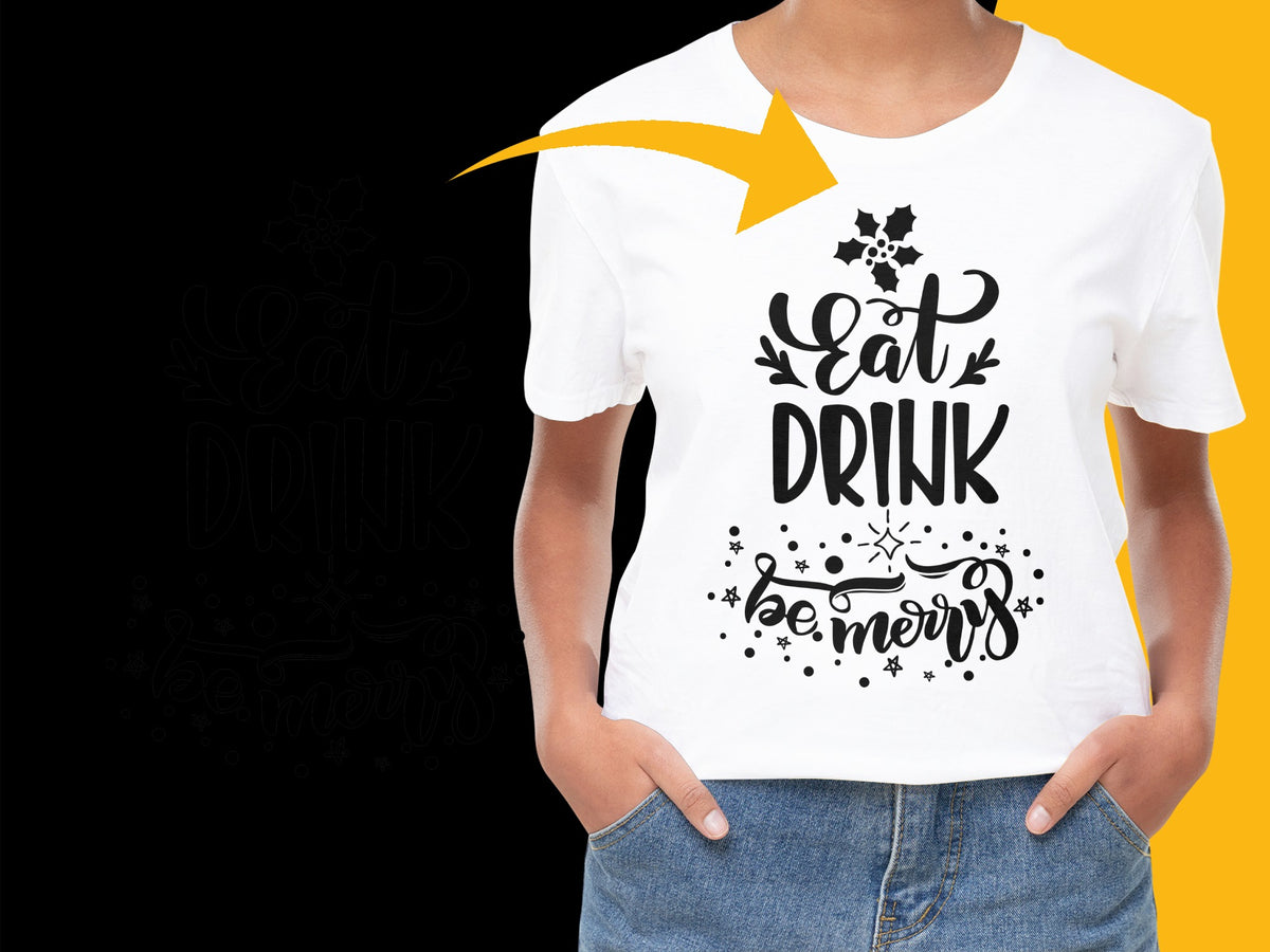Women's Festive T-Shirt, Eat Drink and Be Merry, Holiday Graphic Tee, Christmas Casual Outfit, Gift Idea