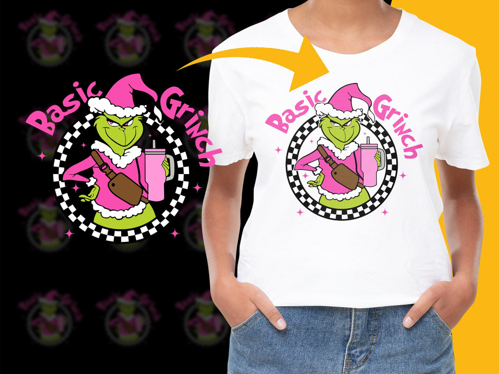 Funny Grinch T-Shirt, Basic Grinch Holiday Tee, Christmas Party Outfit, Pink and Black Checkerboard