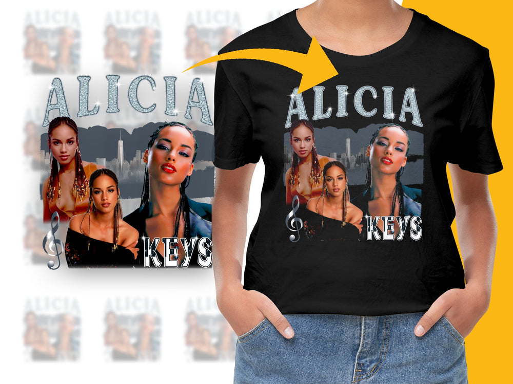 Alicia Keys Graphic T-Shirt, Womens Pop Music Artist Tee, Multiple Poses Design, Trendy Black Top