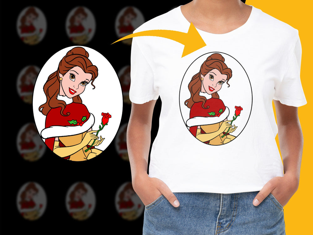 Women's White T-Shirt Featuring Cartoon Woman Holding Rose, Elegant Casual Top