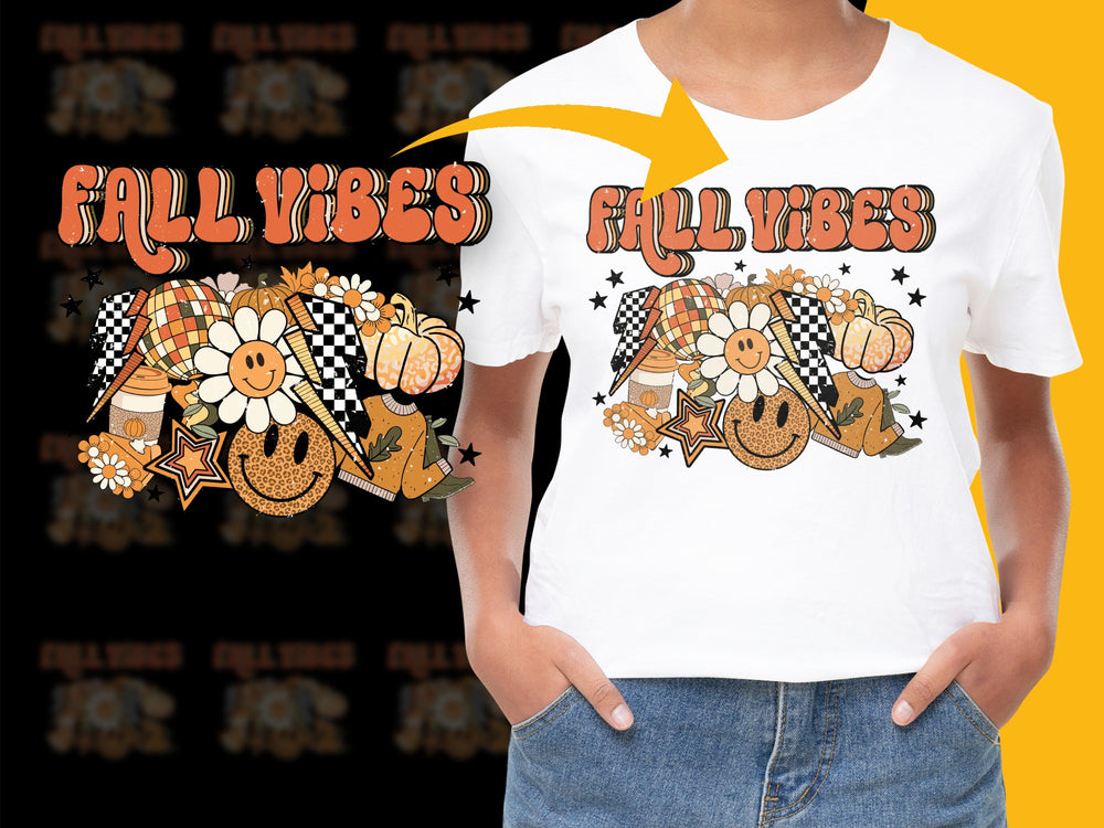 Fall Vibes Graphic T-Shirt, Autumn Pumpkin and Plaid Design, Casual Cotton Tee, Seasonal Apparel for Men and Women