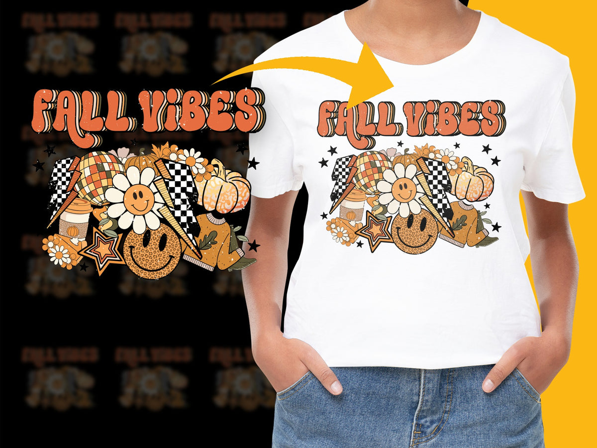 Fall Vibes Graphic T-Shirt, Autumn Pumpkin and Plaid Design, Casual Cotton Tee, Seasonal Apparel for Men and Women