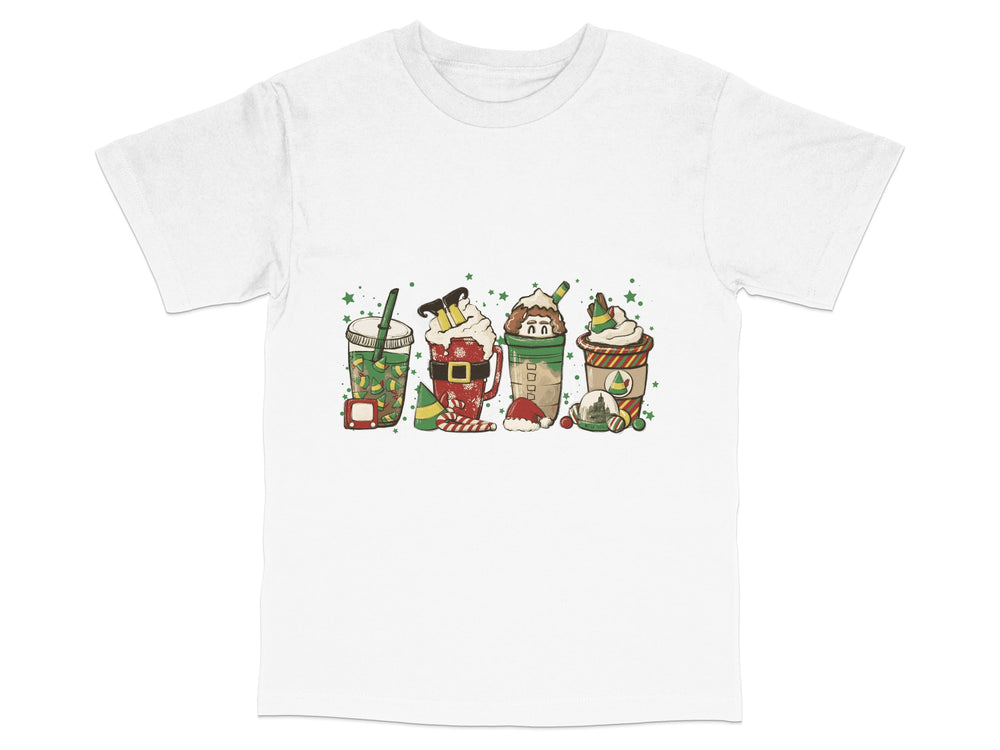 Cute Christmas Coffee Cups T-Shirt, Holiday Beverage Graphic Tee, Festive Winter Apparel for Coffee Lovers
