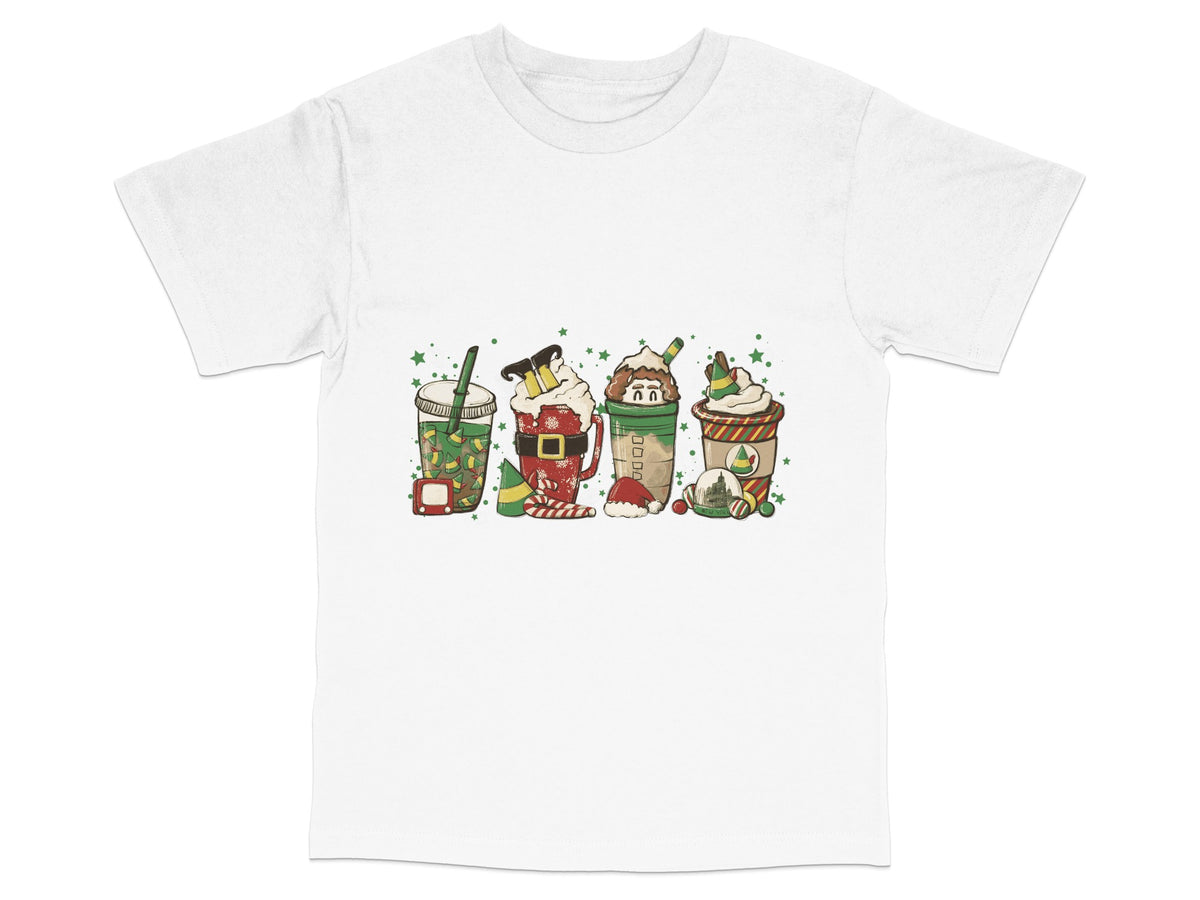 Cute Christmas Coffee Cups T-Shirt, Holiday Beverage Graphic Tee, Festive Winter Apparel for Coffee Lovers