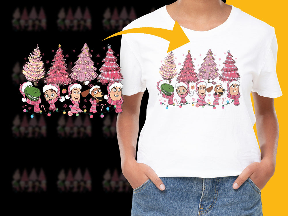 Festive Christmas T-Shirt, Colorful Holiday Trees and Family Cartoon, Unisex Holiday Apparel, Kids and Adults Sizes
