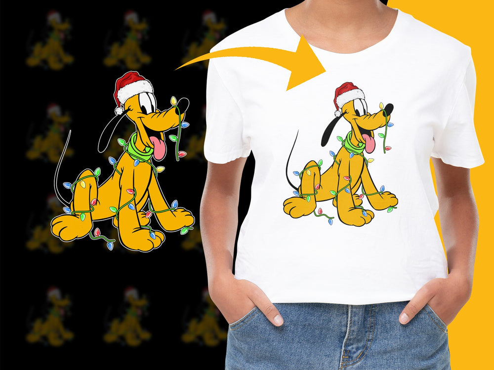 Christmas Pluto T-Shirt, Disney Holiday Tee, Cartoon Dog with Lights, Festive Apparel for Kids and Adults