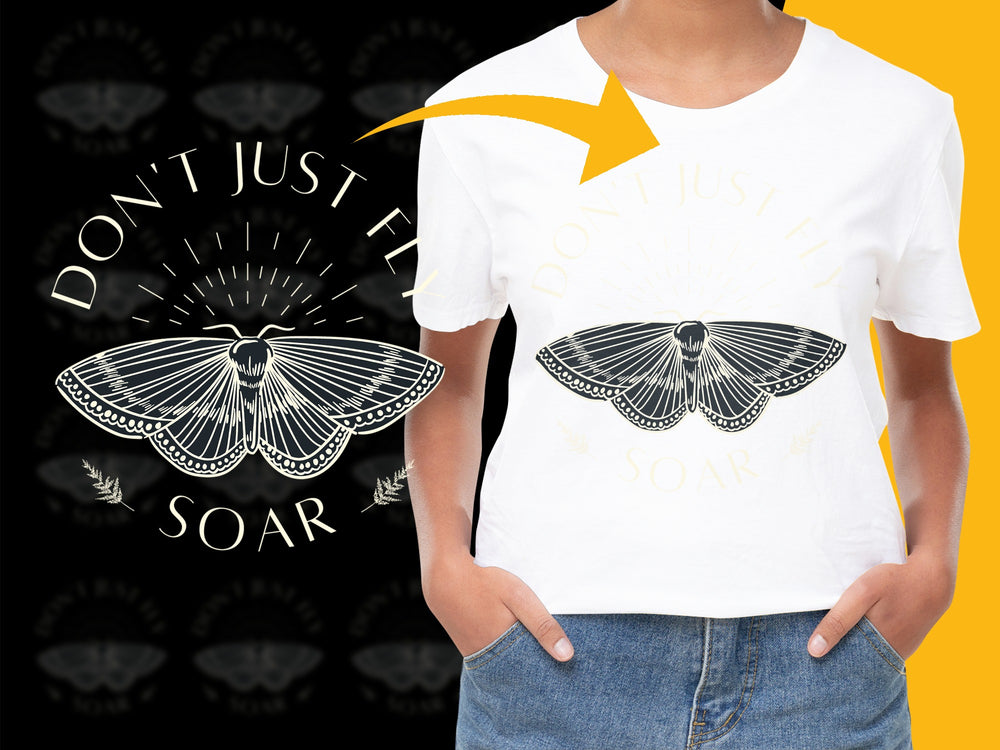 White Graphic T-Shirt with Moth Design, Inspirational 'Don't Just Fly, Soar' Quote Tee, Unisex Style