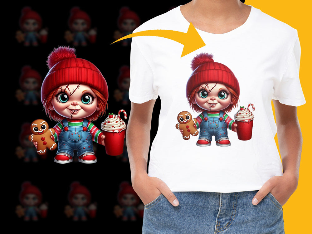 Kids Holiday T-Shirt with Cute Elf Graphic, Red Beanie, Hot Cocoa, Gingerbread Cookie