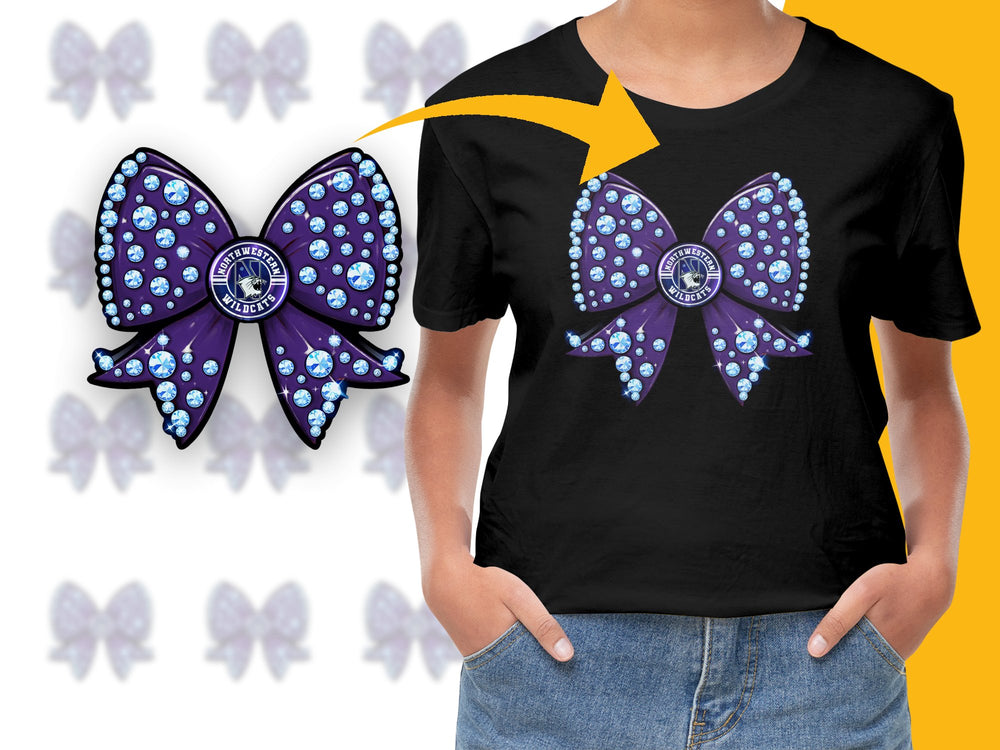 Women's Black T-Shirt with Purple Bow Design, Sparkly Gemstone Accents, Butterfly Wings Graphic Tee