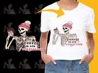 Load image into Gallery viewer, Skeleton Graphic Tee Coffee Is My Valentine Funny Skull T-Shirt with Pink Beanie
