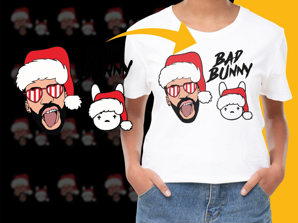 Bad Bunny Inspired Christmas T-Shirt, Santa Hat Graphic Tee, Holiday Casual Wear for Fans