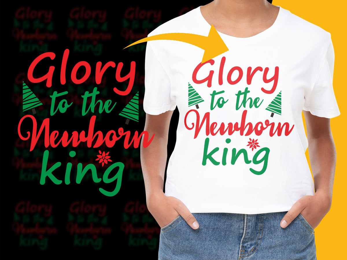 Glory to the Newborn King Christmas T-Shirt, Festive Holiday Tee, Xmas Tree and Star Design, Unisex Adult Apparel
