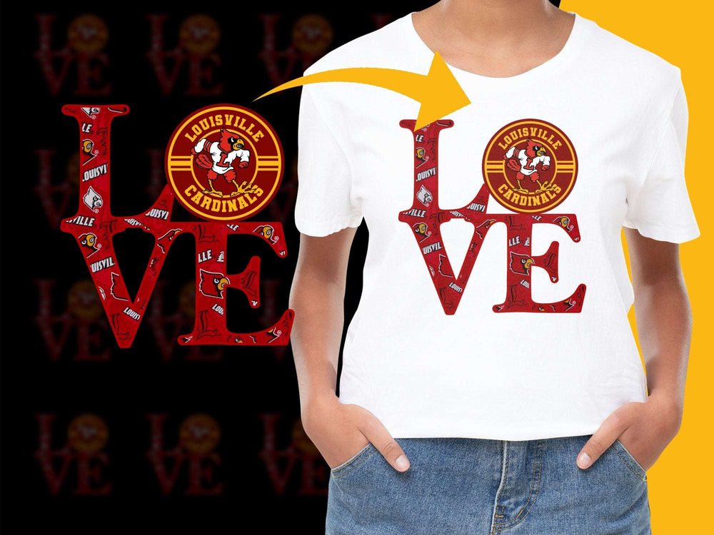 Louisville Cardinals Love Graphic T-Shirt, College Sports Fan Apparel, Trendy Red and Yellow Design