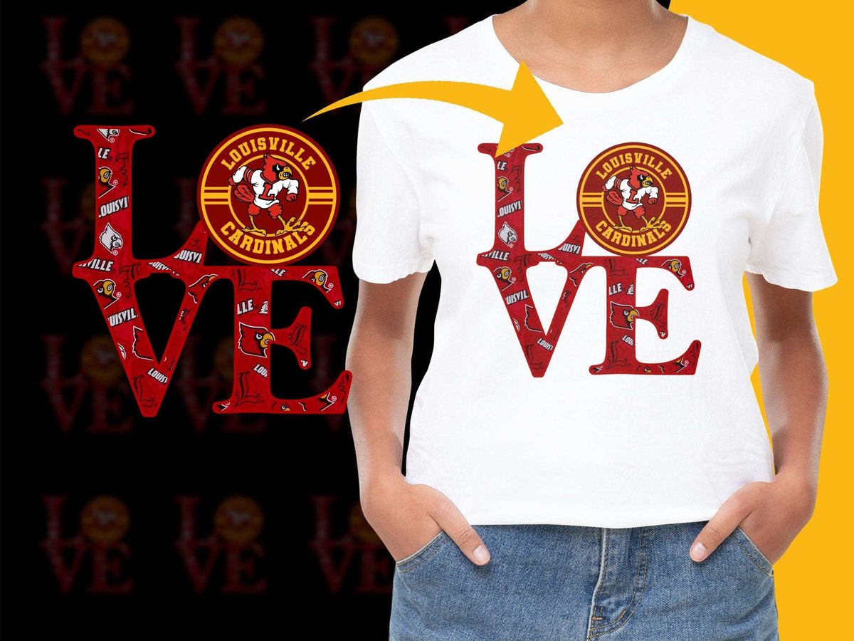 Louisville Cardinals Love Graphic T-Shirt, College Sports Fan Apparel, Trendy Red and Yellow Design