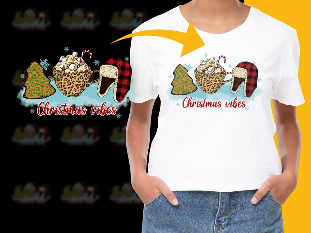Christmas Vibes T-Shirt, Leopard Print Santa Hat, Buffalo Plaid, Festive Holiday Tee for Women and Men