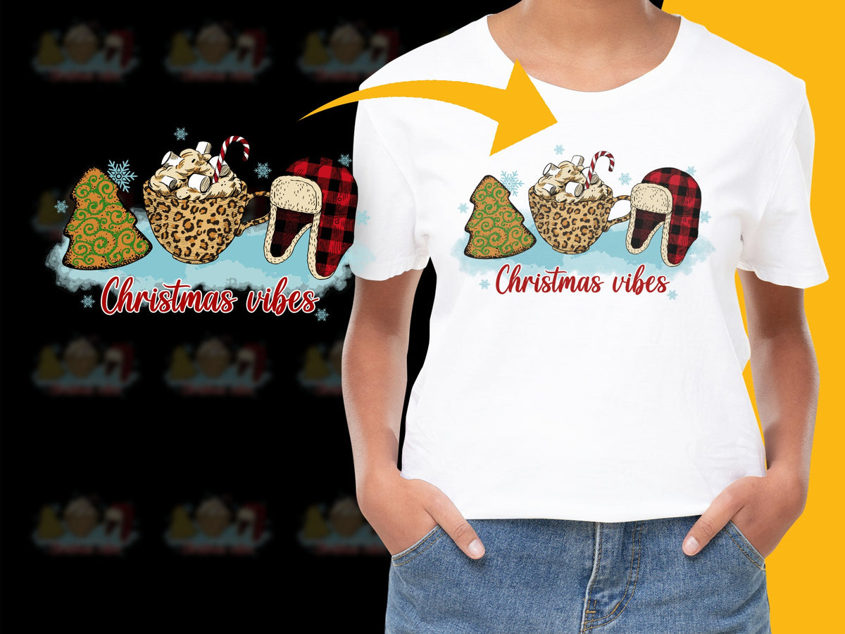 Christmas Vibes T-Shirt, Leopard Print Santa Hat, Buffalo Plaid, Festive Holiday Tee for Women and Men