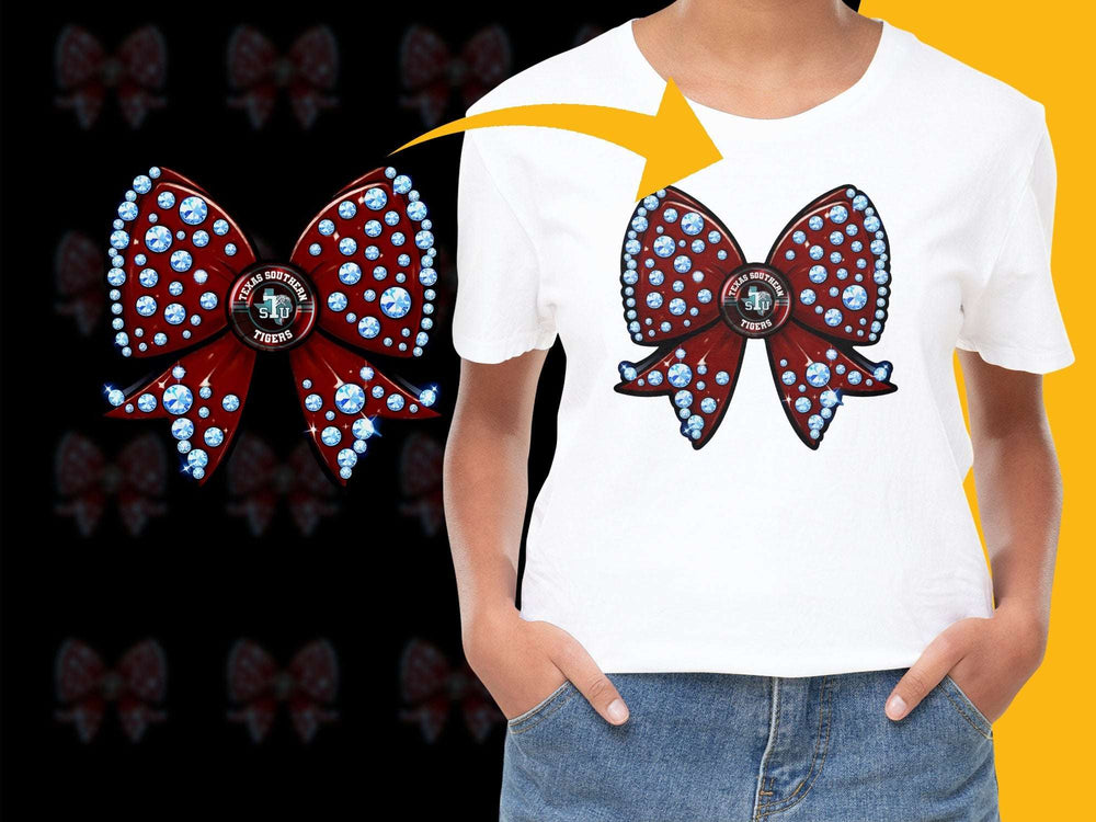Unique Red Bow Hair Clip and White T-Shirt Set for Girls, Sparkly Rhinestone Accents