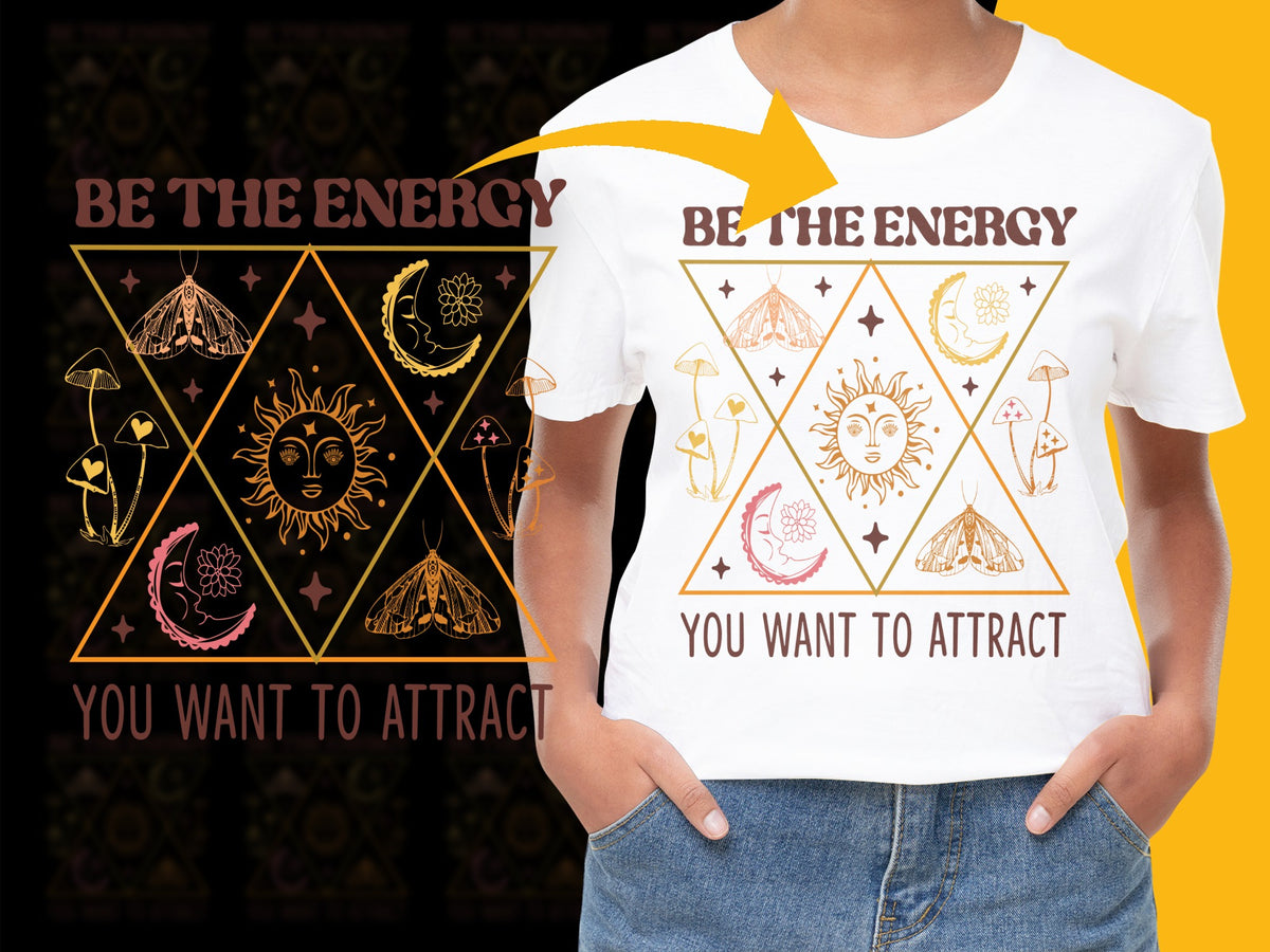 Be the Energy You Want to Attract T-Shirt, Mystical Sun and Moon Design, Unisex Graphic Tee, Boho Style Apparel