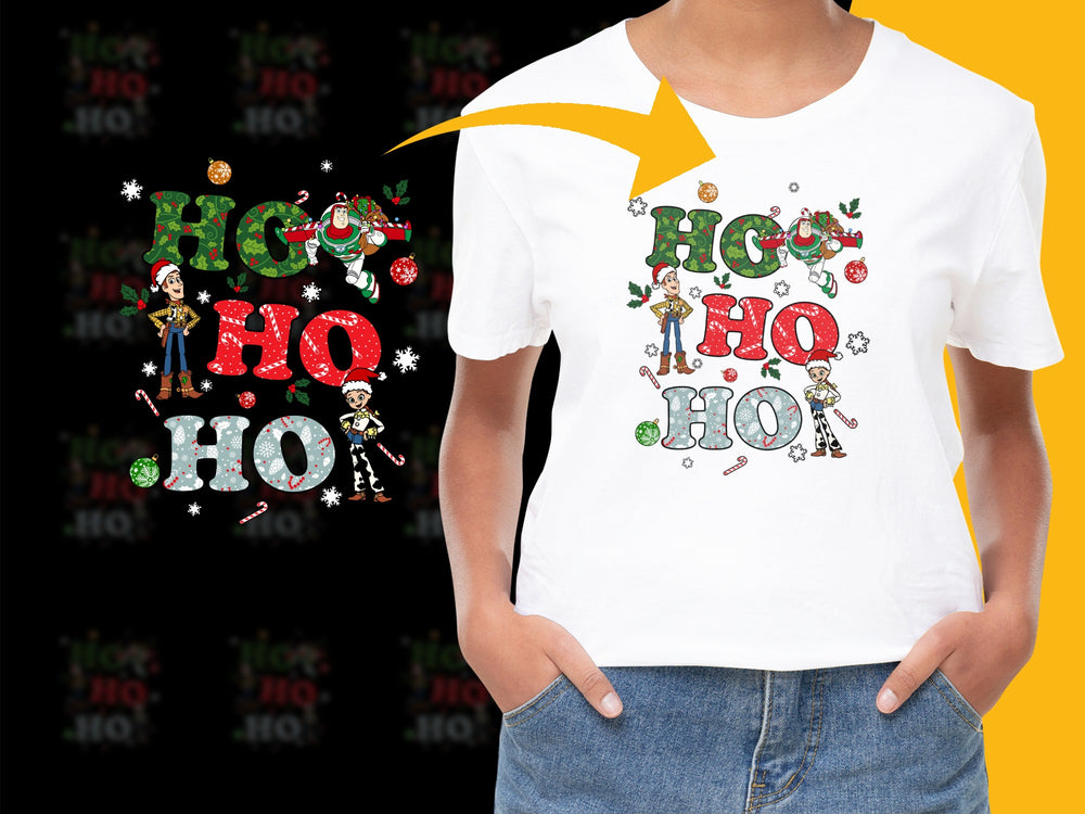 Festive Holiday T-Shirt, Christmas Elf Graphic, 'Ho Ho Ho' Slogan, Women's White Cotton Tee, Colorful Xmas Apparel