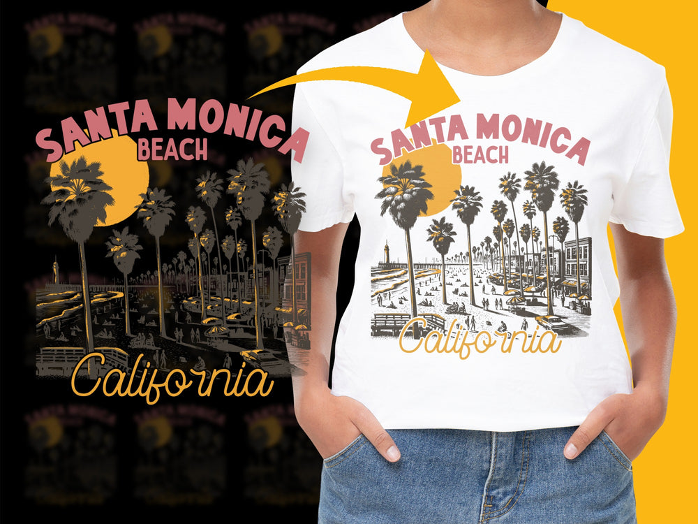 Santa Monica Beach California Graphic T-Shirt, Vintage Style Palm Trees, Sunset Casual Wear, Unisex Fashion Tee