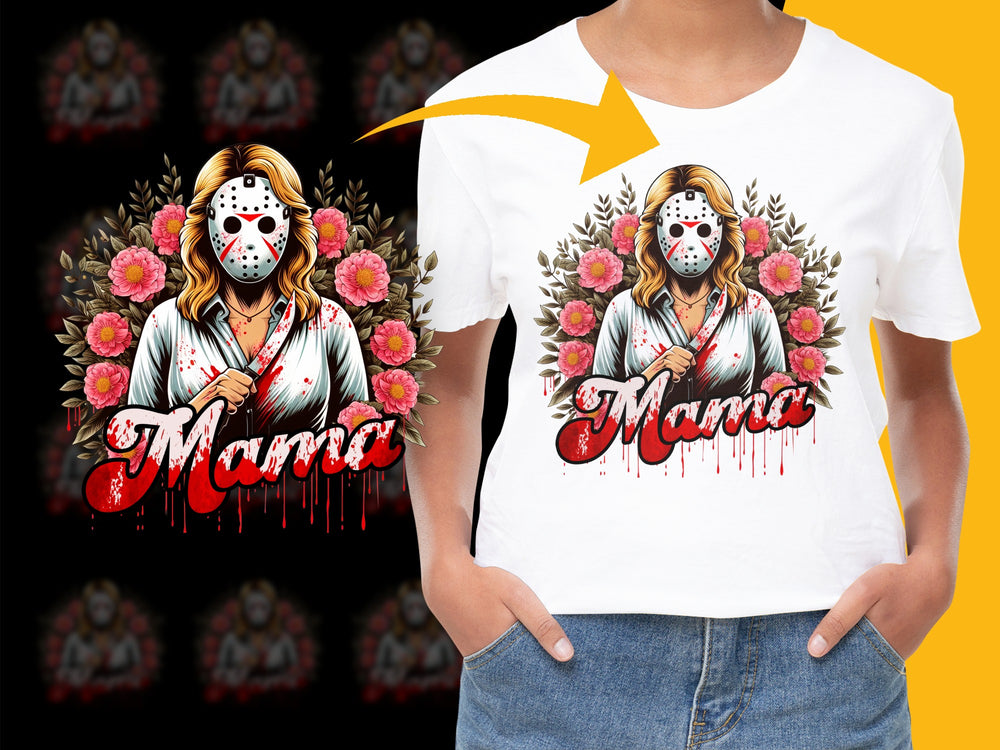 Horror Mama T-Shirt with Floral Design, Jason Mask Graphic, Bloody Text, Women's Fashion Tee