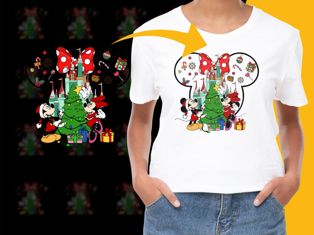 Festive Holiday T-Shirt, Mickey and Minnie Christmas Tree Graphic, Cartoon Character Tee, Kids and Adults Sizes Available