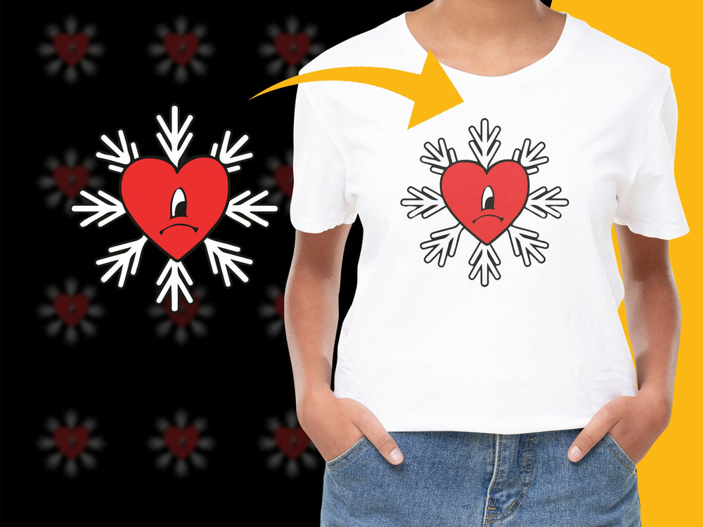 Women's White T-Shirt with Red Heart Snowflake Graphic, Casual Wear, Unique Holiday Apparel, Trendy Winter Fashion