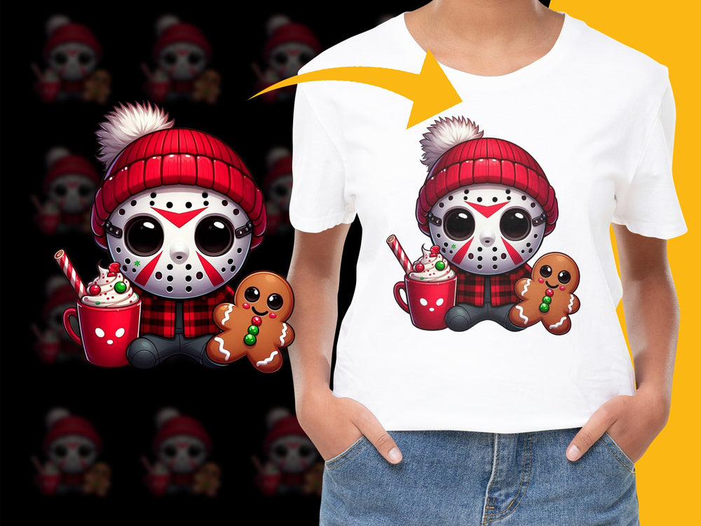 Cute Winter Skull T-Shirt, Kids Red Beanie Holiday Tee, Skull with Gingerbread Man, Festive Christmas Gift Shirt