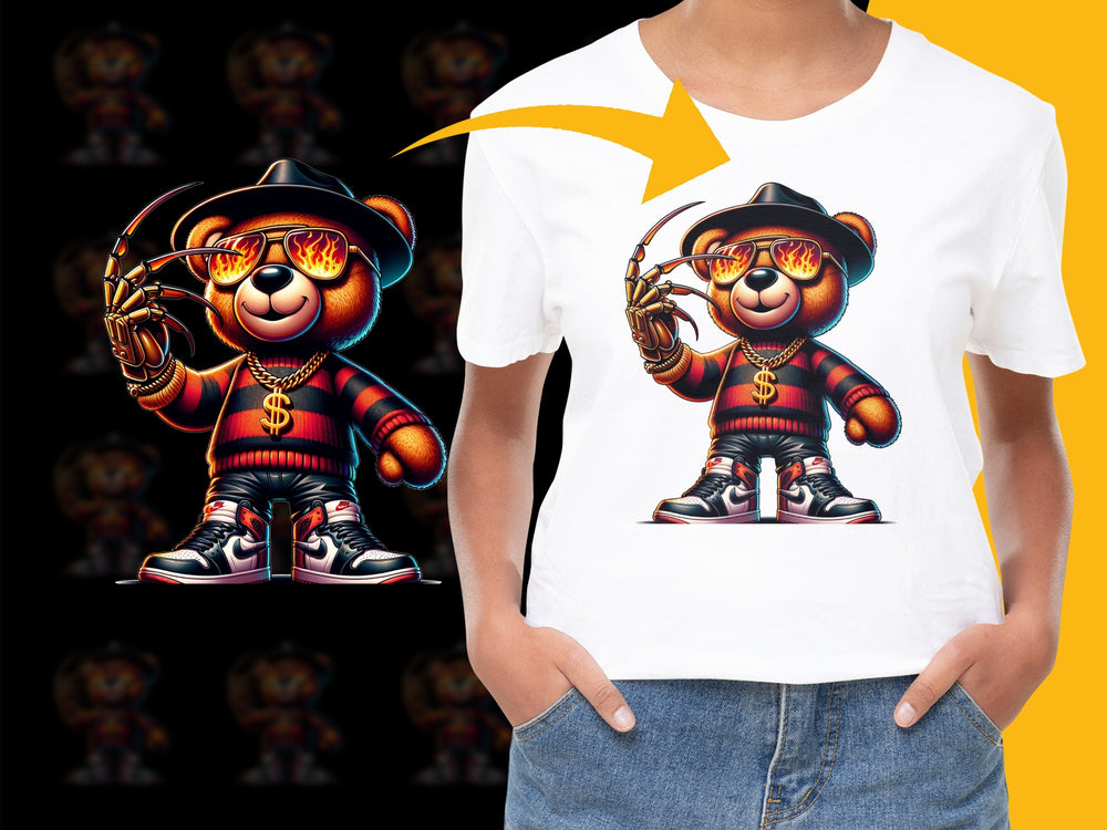 Unique Urban Bear Graphic T-Shirt, Hip Hop Style, Cool Animal Print, Street Fashion Tee, Vibrant Colors, Unisex Shirt Design