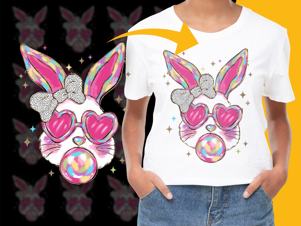 Kids Cute Bunny T-Shirt, Sparkly Glasses Rabbit Design, Colorful Easter Gift, Star Pattern, Youth Fashion Tops