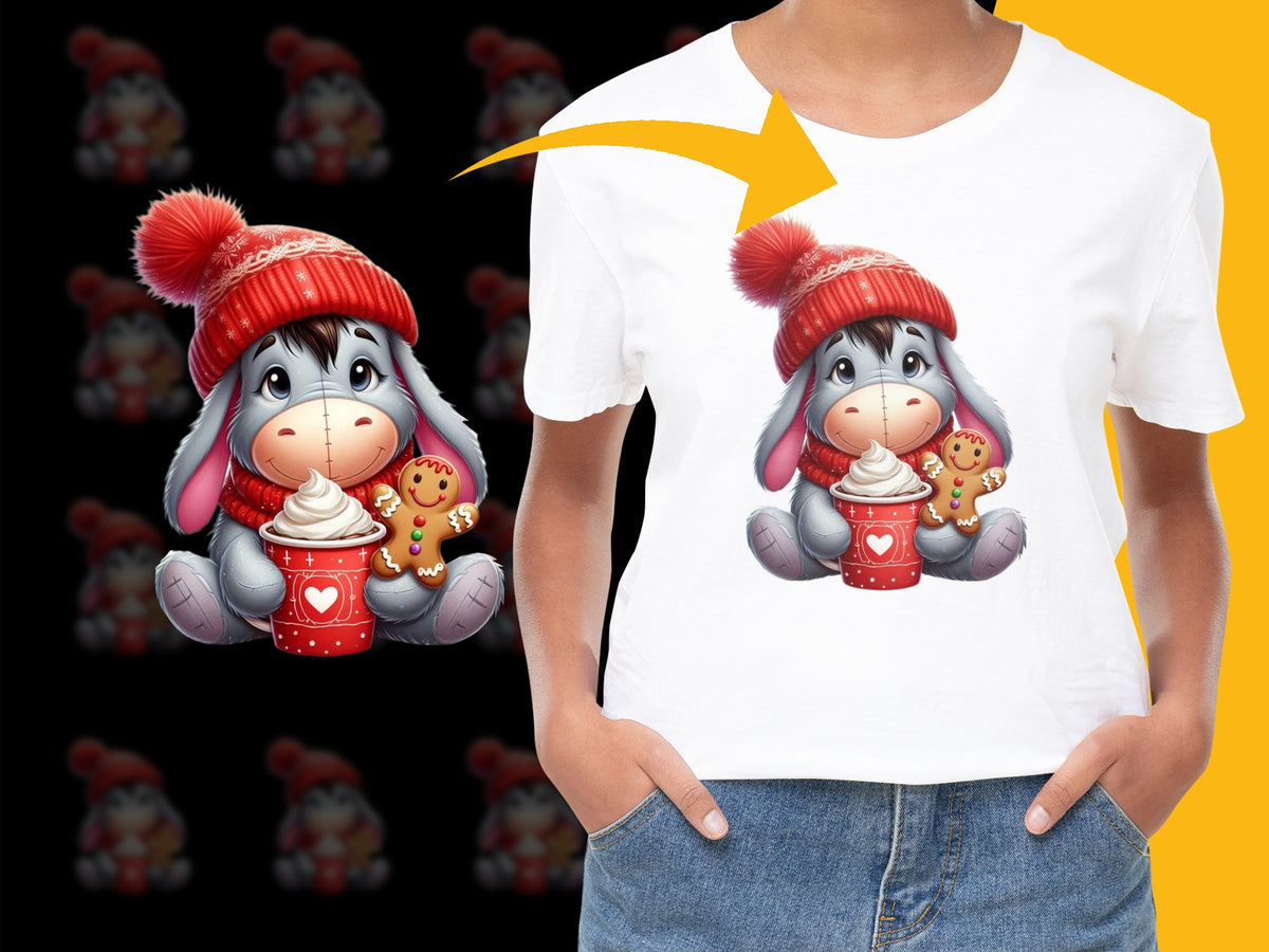 Cute Winter Donkey T-Shirt, Cartoon Animal in Red Hat, Unisex Kids Graphic Tee, Casual Children’s Clothing, Fun Holiday Gift Idea