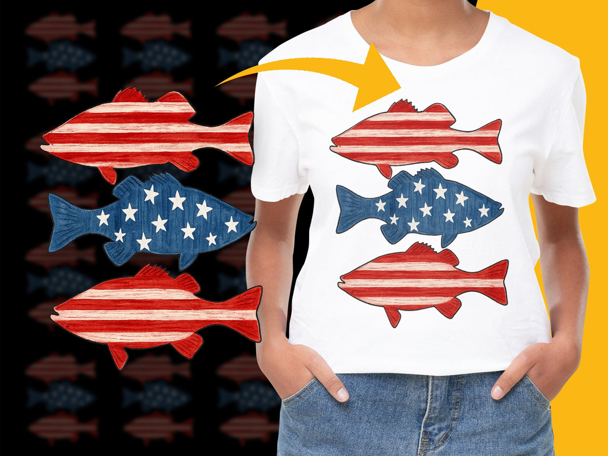 Patriotic Fish T-Shirt, American Flag Pattern, Red White and Blue, Unisex Summer Tee, Casual Outfit