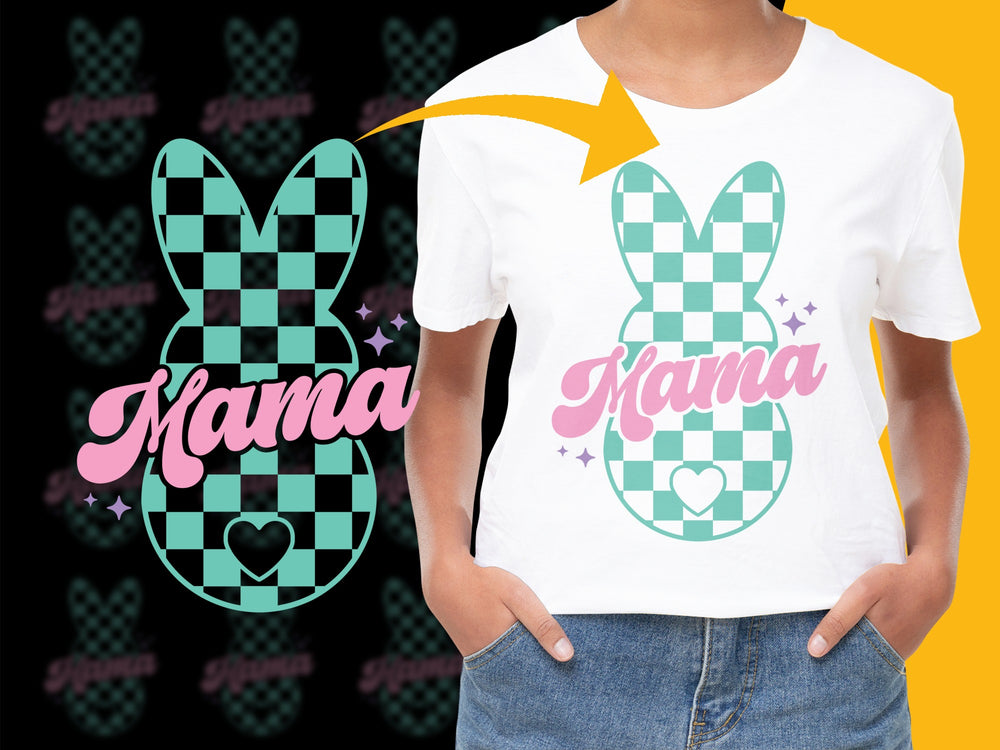 Mama Kama Plaid Bunny Graphic T-Shirt, Trendy Mother's Day Gift, Cute Spring Fashion Top, Women's Casual Wear