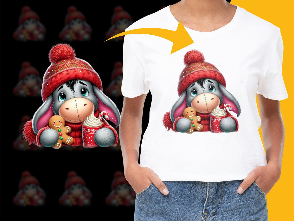 Kids Christmas T-Shirt with Cute Donkey in Red Hat, Festive Holiday Graphic Tee, Unisex Children's Clothing