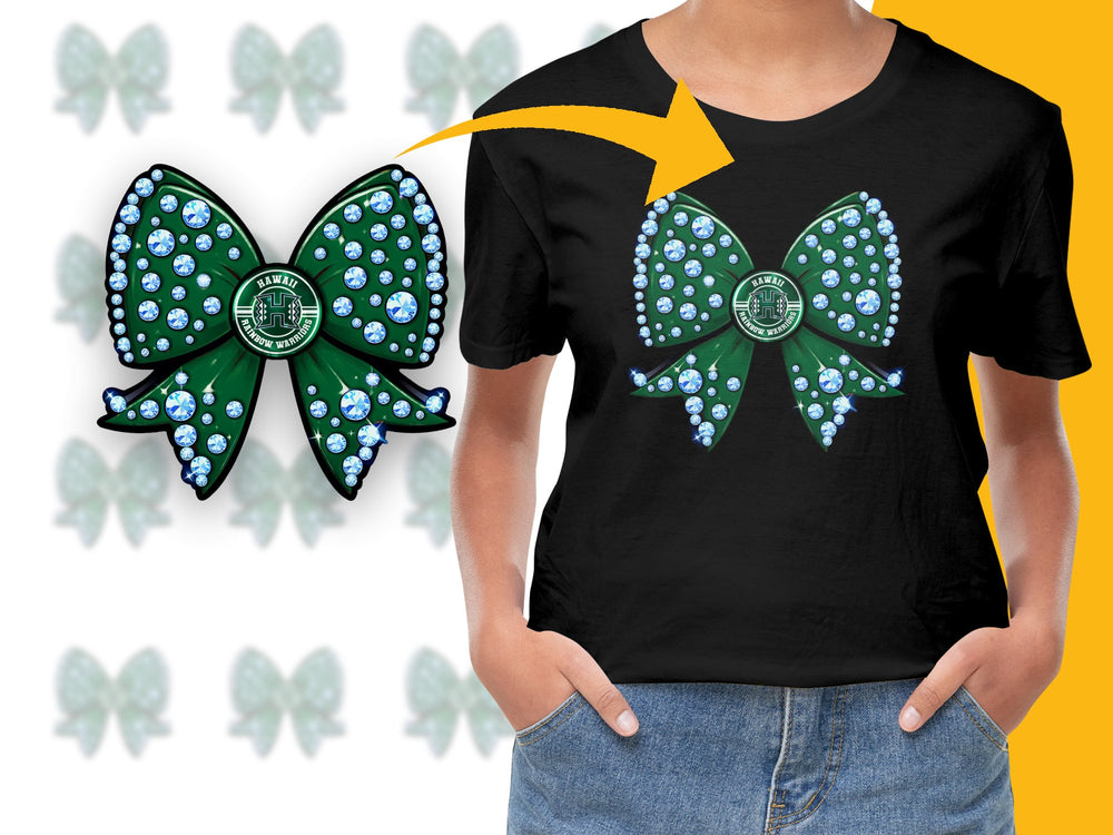 Women's Black T-Shirt with Unique Green Bow Graphic, Sparkling Rhinestones, Casual Fashion