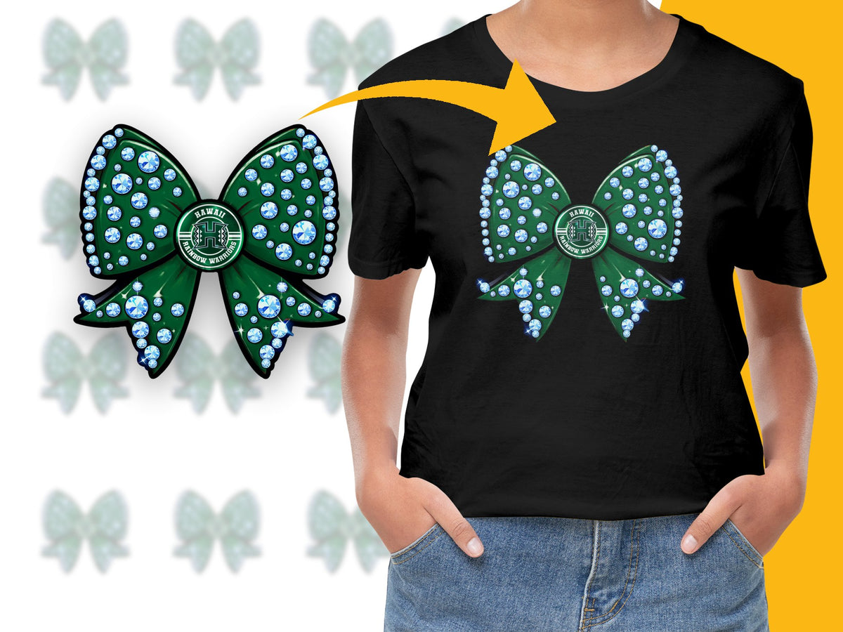 Women's Black T-Shirt with Unique Green Bow Graphic, Sparkling Rhinestones, Casual Fashion