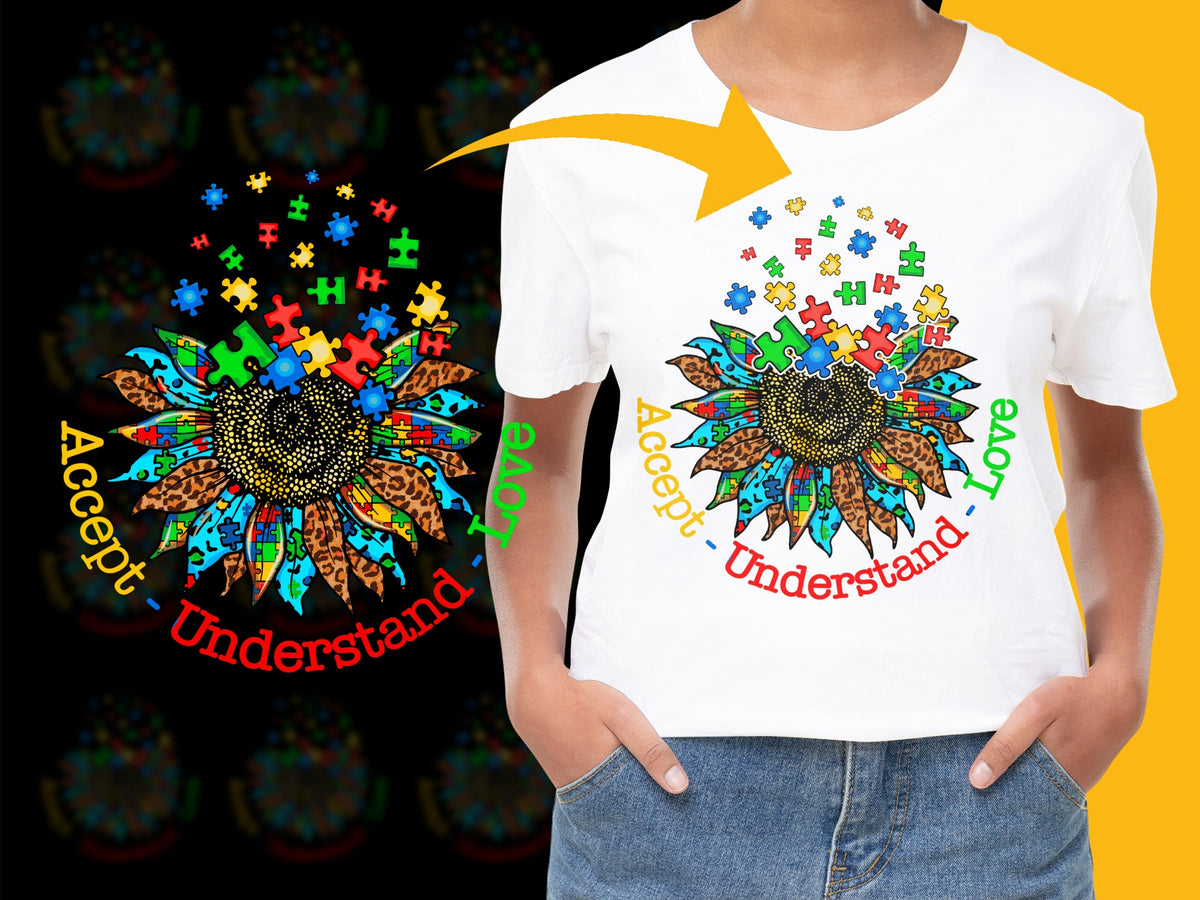 Autism Awareness T-Shirt, Colorful Puzzle Pieces Sunflower Design, Accept Understand Love Shirt