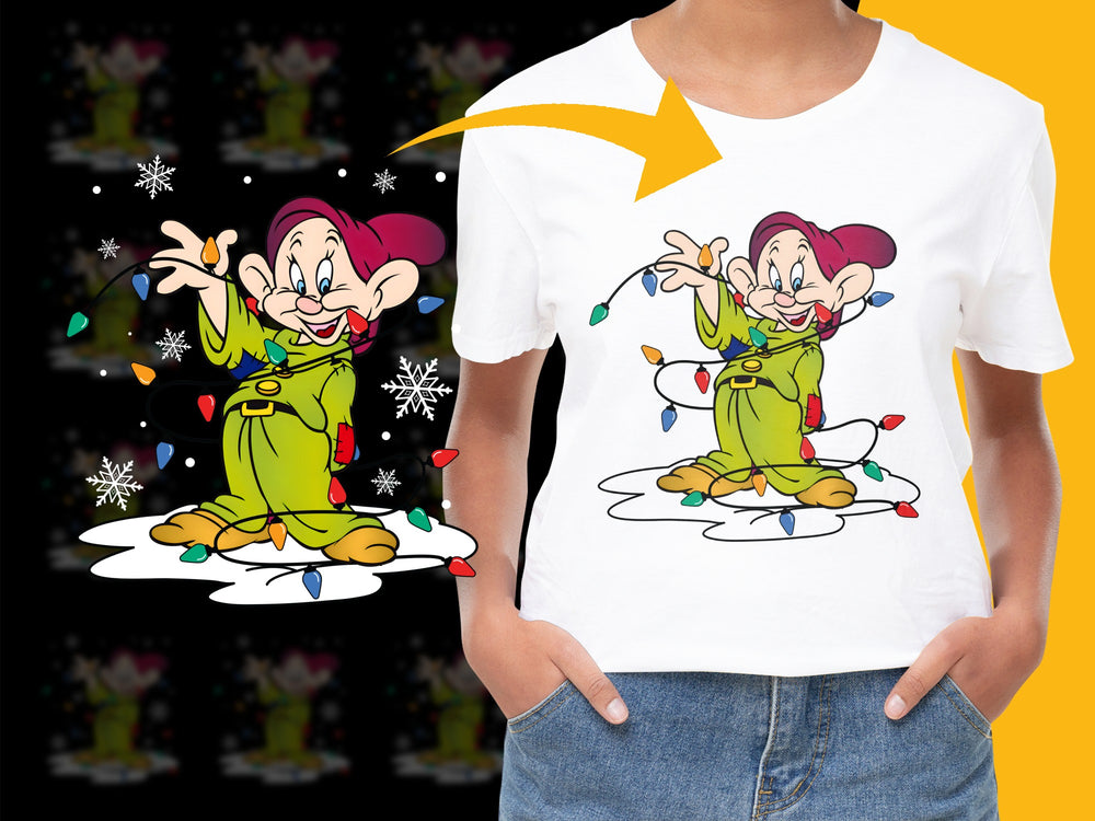Cartoon Dwarf Winter Scene Graphic T-Shirt, Snowflakes Holiday Casual Tee, Unisex White Cotton Shirt