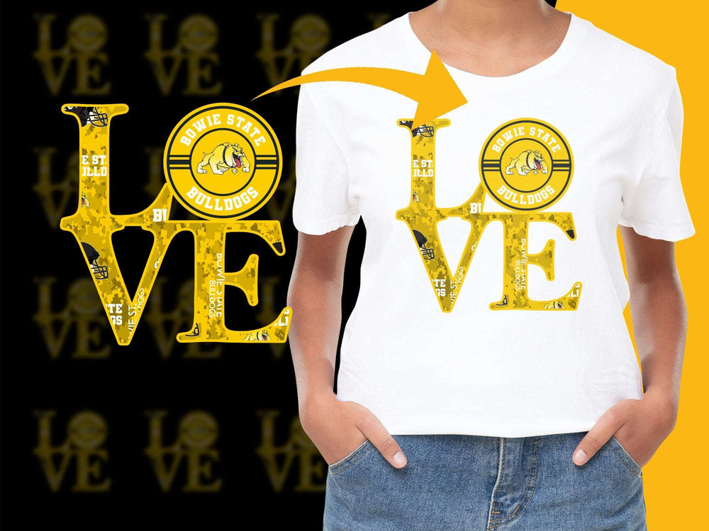 Bowie State University Bulldogs Love Graphic T-Shirt, Yellow Black College Tee, Trendy School Spirit Apparel