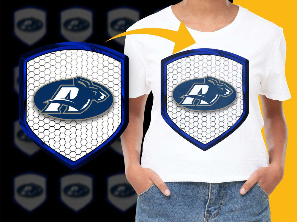 Graphic T-Shirt with Blue and White Logo Shield Design, Comfortable Casual Wear, Unisex Fit