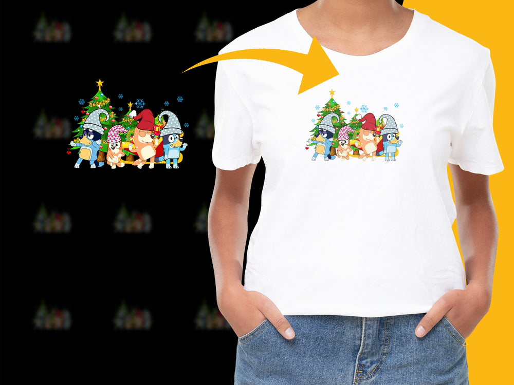 Kids Christmas T-Shirt with Cartoon Characters and Holiday Tree Graphic Tee