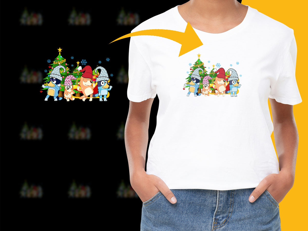 Kids Christmas T-Shirt with Cartoon Characters and Holiday Tree Graphic Tee