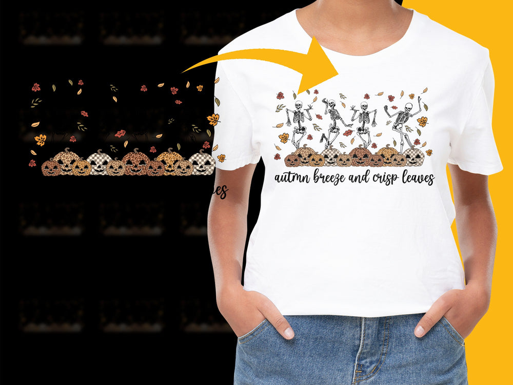 Autumn Breeze and Crisp Leaves Graphic T-Shirt, Women's White Casual Tee with Fall Print Design